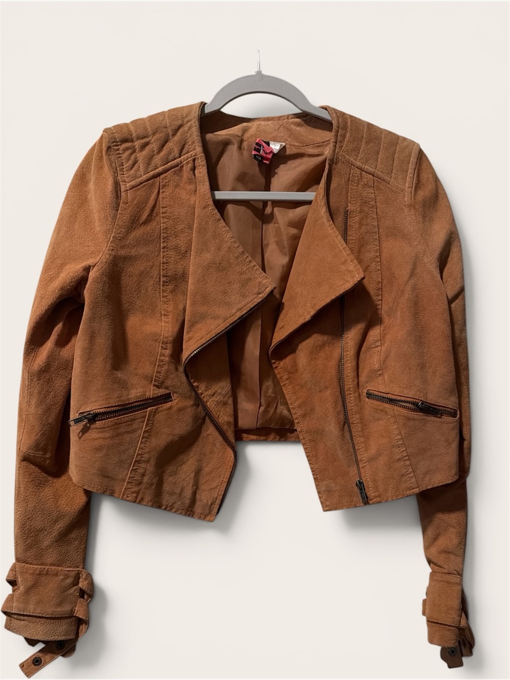 H&M Cropped Suede Moto Jacket in Chestnut
